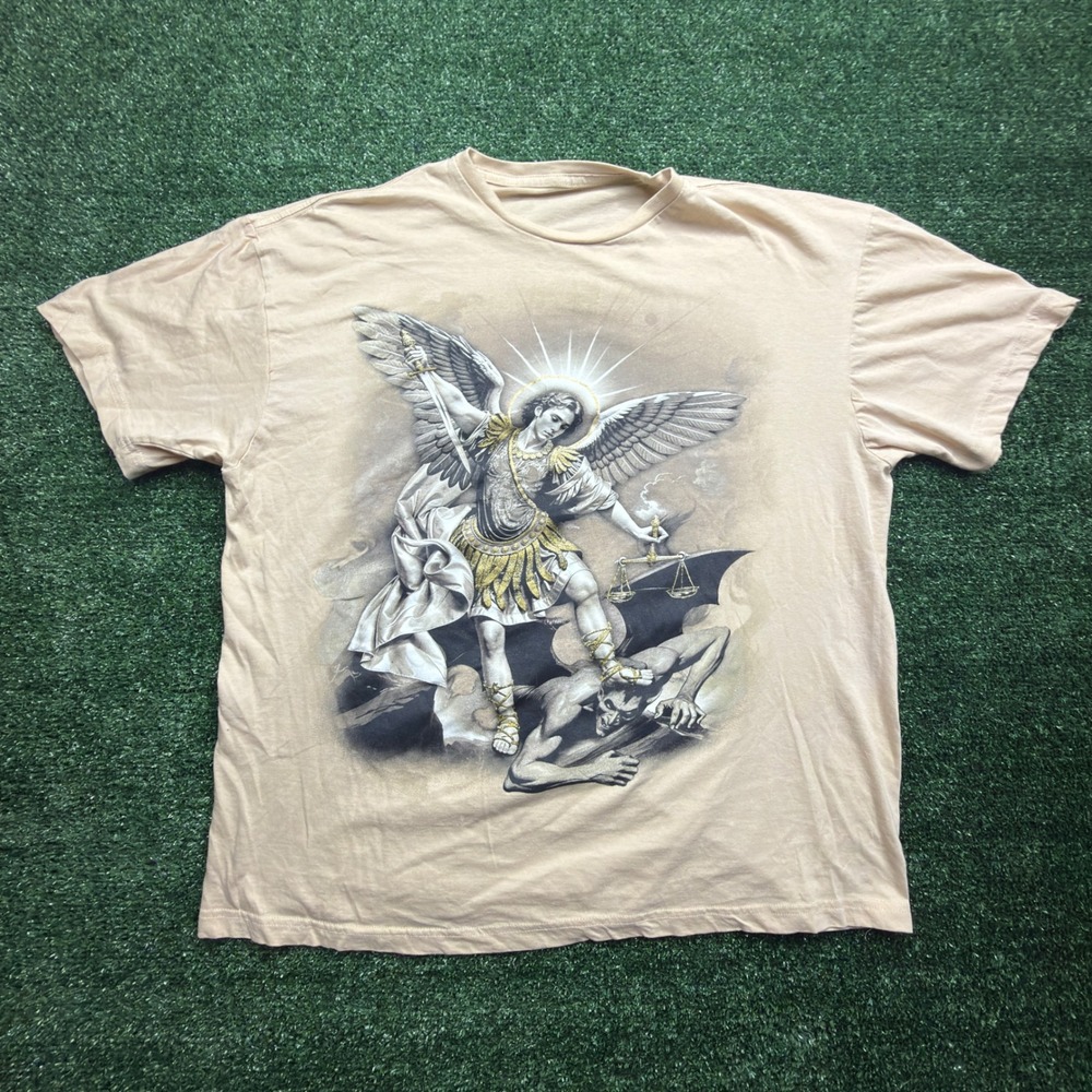 Vintage Y2K St Michael Archangel Graphic T-Shirt Beige Religious Art Mens XL